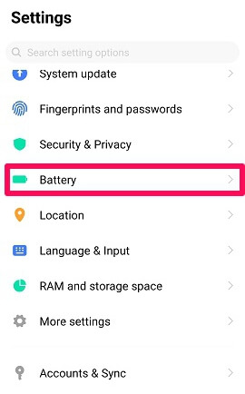 settings battery option